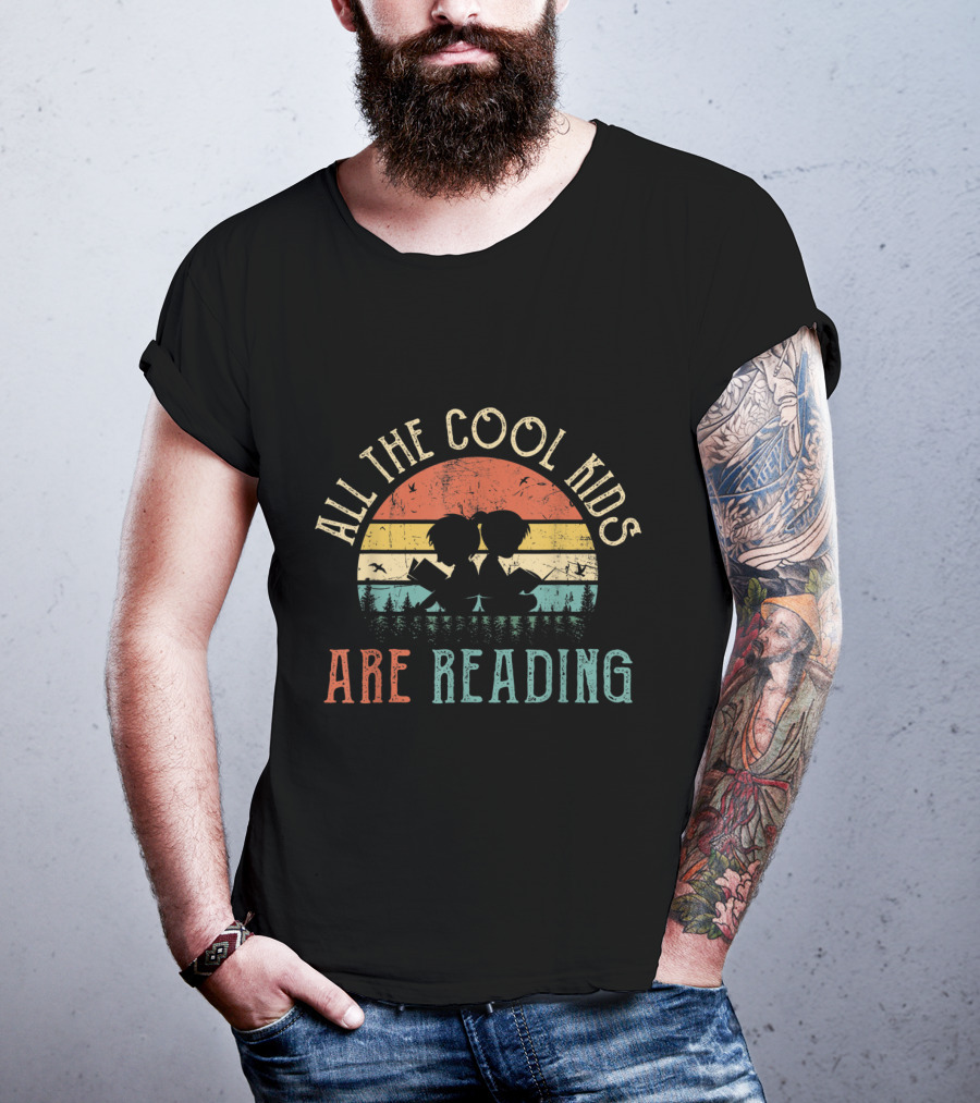 All The Cool Kids Are Reading Vintage Retro Sunset With Silhouette Forest And Children Holding Books T-Shirt