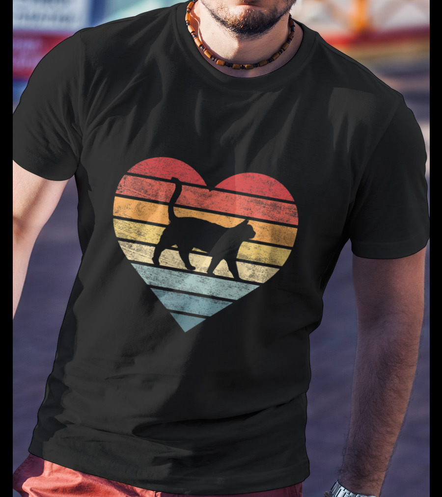 Vintage Striped Heart Cat Lover Pet Owner Kitty T-Shirt
