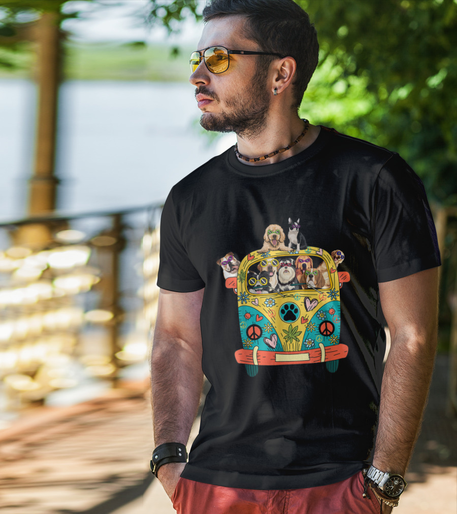 Peace Love Dogs Hippie Van With Sunglasses And Tropical Flowers T-Shirt