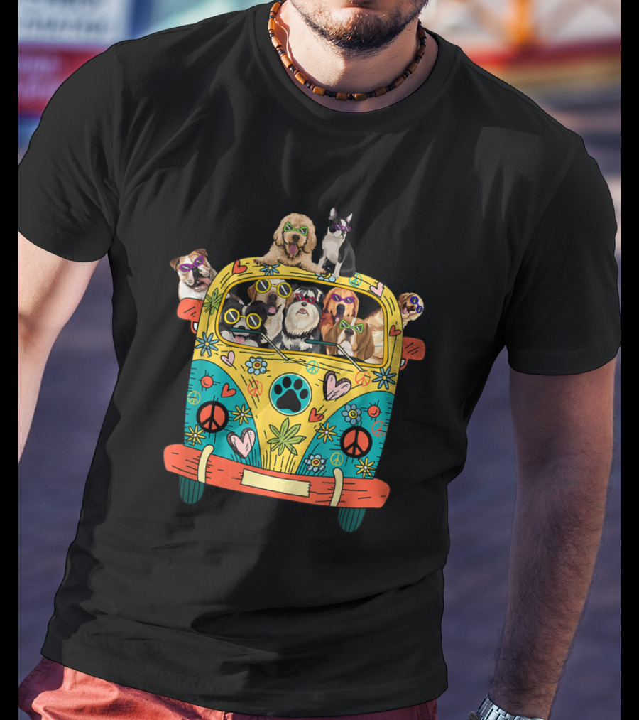 Peace Love Dogs Hippie Van With Sunglasses And Tropical Flowers T-Shirt