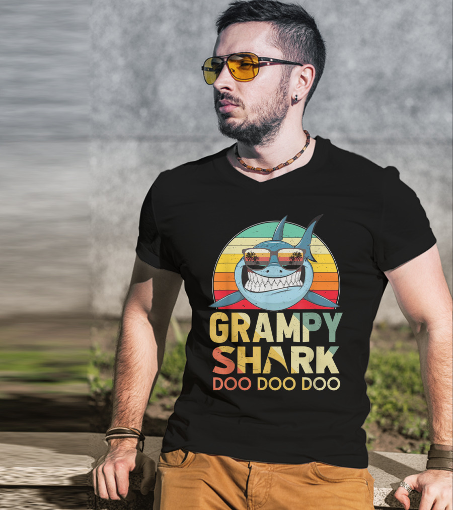 Grampy Shark Doo Doo Doo Retro Vintage Palm Trees Sunglasses T-Shirt