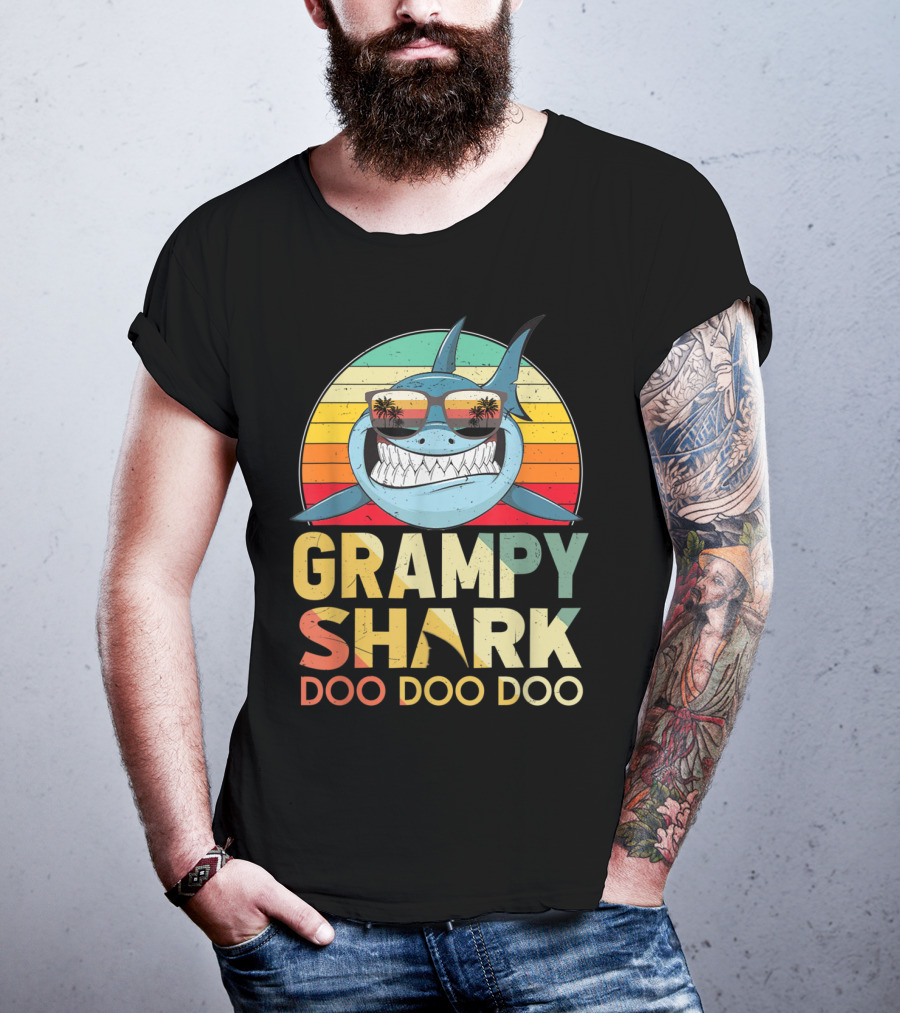 Grampy Shark Doo Doo Doo Retro Vintage Palm Trees Sunglasses T-Shirt