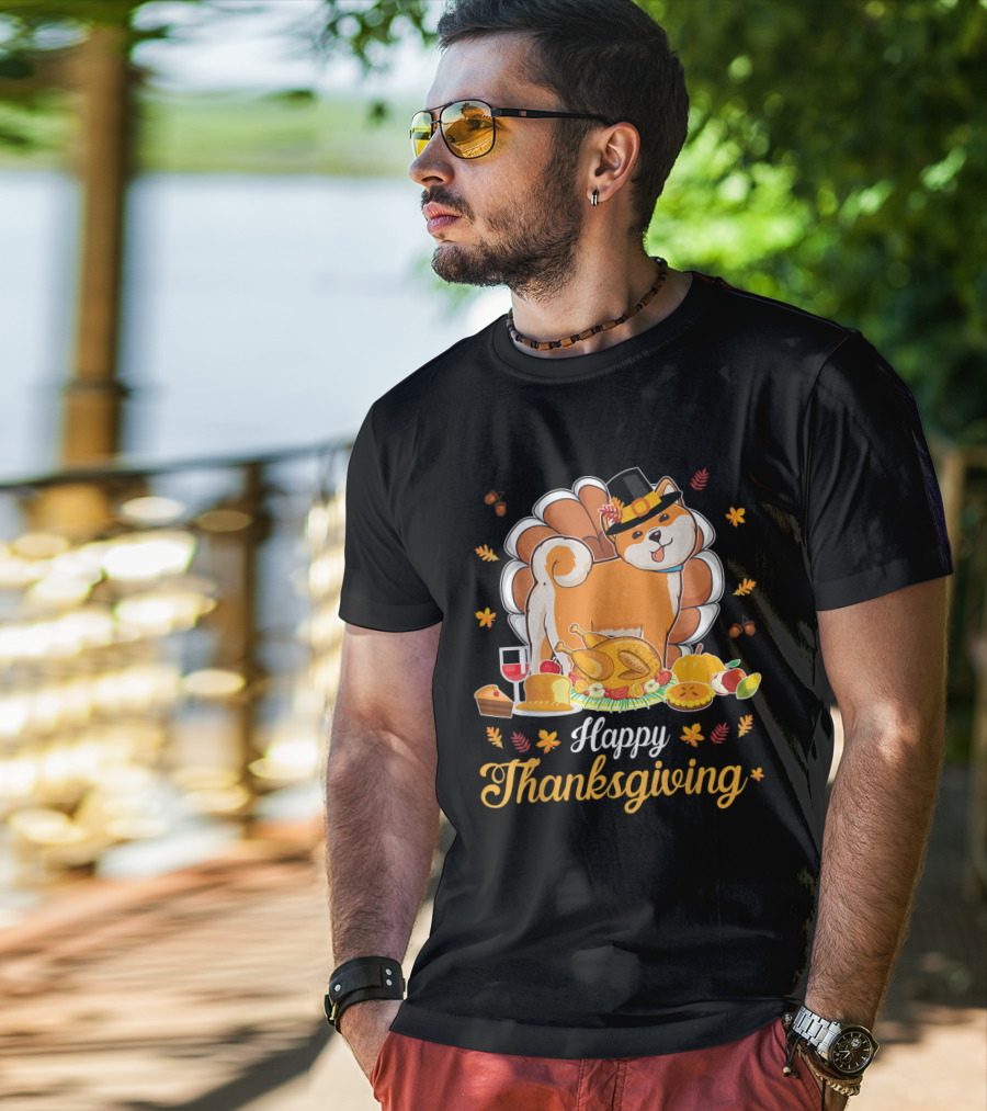 Happy Thanksgiving Shiba Inu Dog With Turkey Dish And Wine T-Shirt