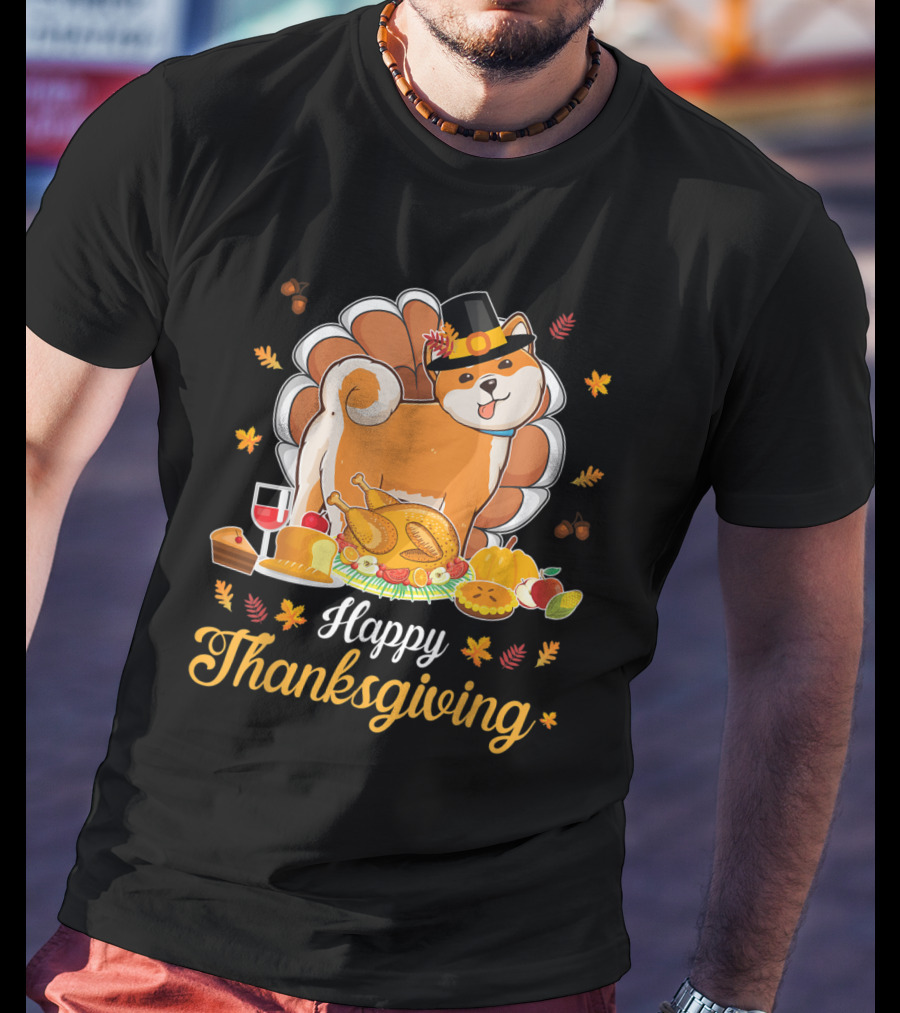 Happy Thanksgiving Shiba Inu Dog With Turkey Dish And Wine T-Shirt