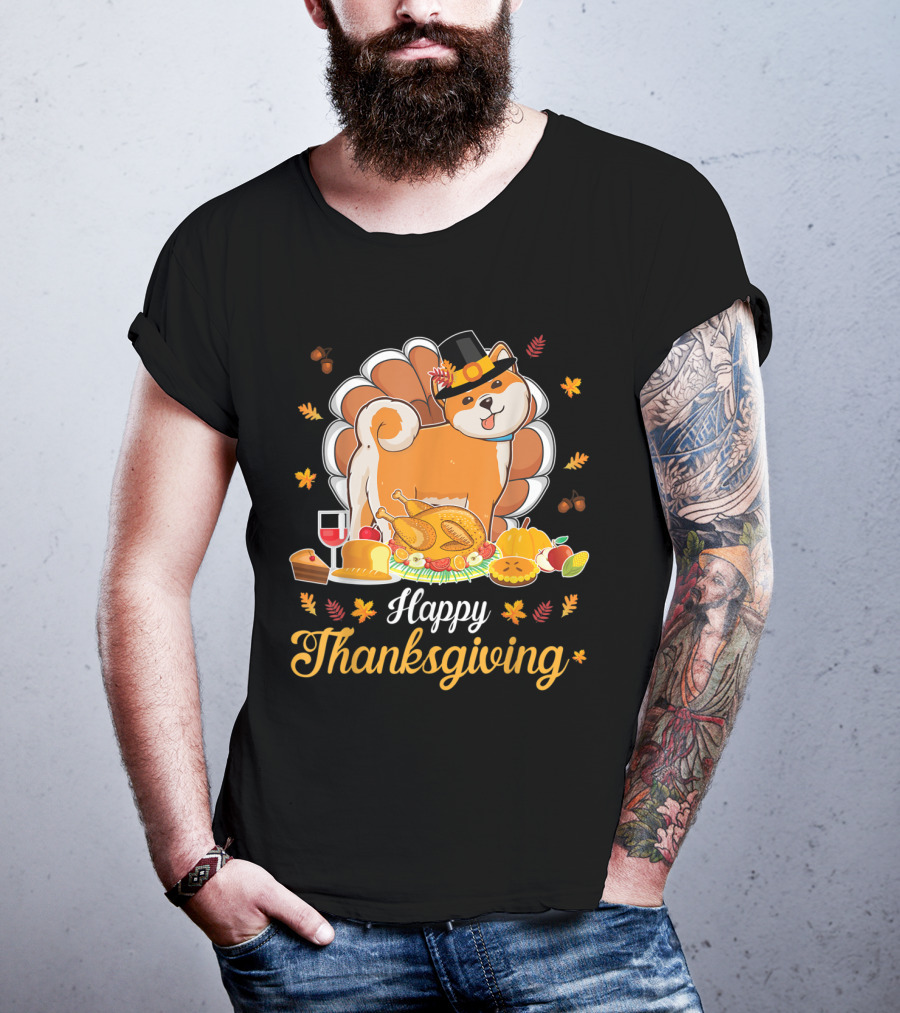 Happy Thanksgiving Shiba Inu Dog With Turkey Dish And Wine T-Shirt