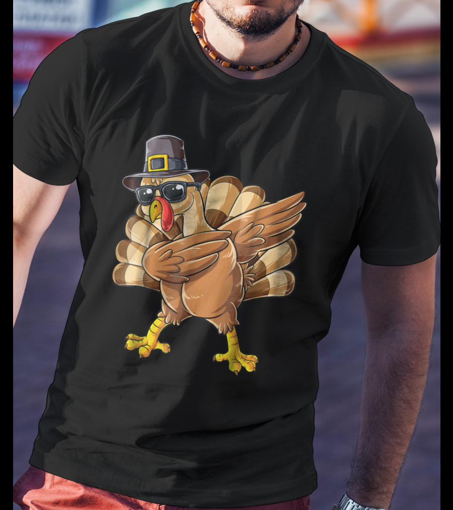 Thanksgiving Dabbing Turkey Pilgrim Hat Sunglasses Boys Day T-Shirt