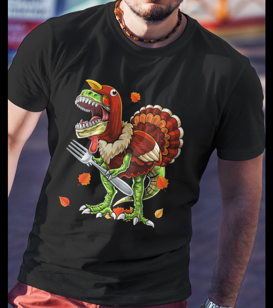 Thanksgiving Rex Dinosaur Turkey With Fork And Autumn Leaves T-Shirt