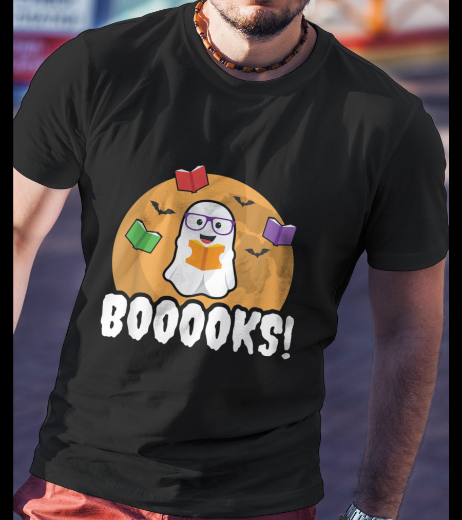 Booooks Ghost Boo Read Books Library Halloween Theme With Flying Bats And Moon T-Shirt
