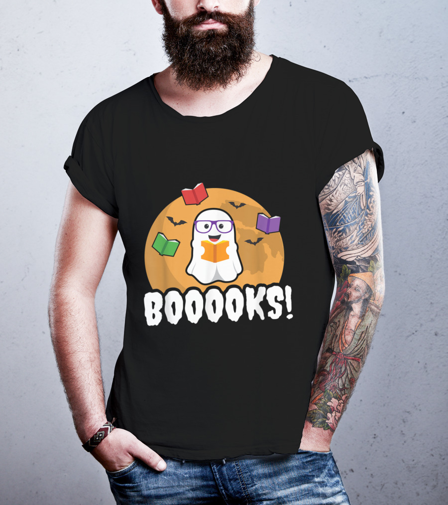 Booooks Ghost Boo Read Books Library Halloween Theme With Flying Bats And Moon T-Shirt