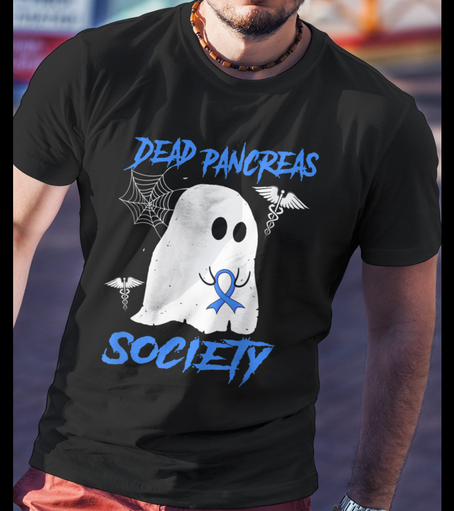 Dead Pancreas Society Diabetes Awareness Halloween Ghost With Blue Ribbon And Caduceus T-Shirt
