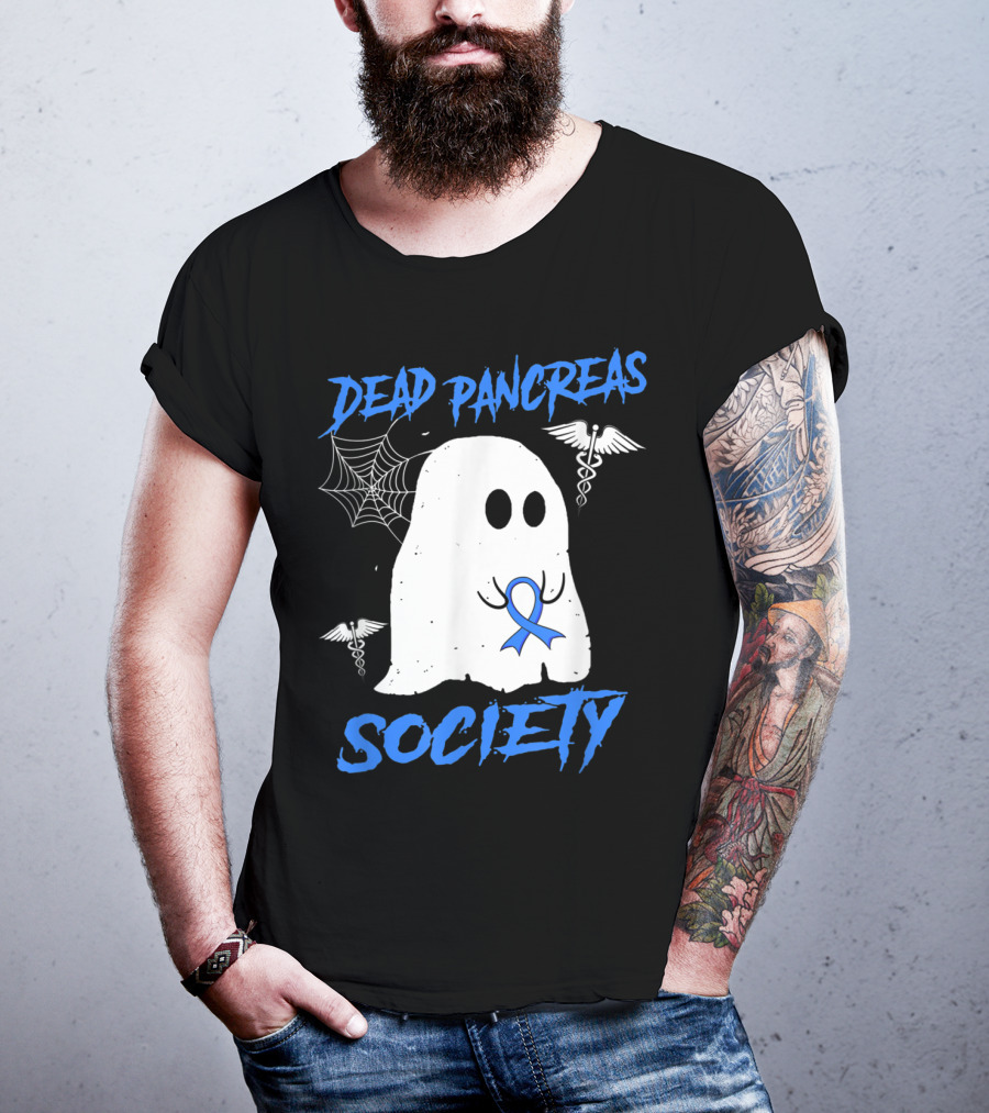 Dead Pancreas Society Diabetes Awareness Halloween Ghost With Blue Ribbon And Caduceus T-Shirt