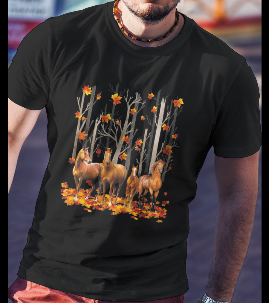 Maple Leaf Fall Hello Autumn Funny Horse Lover T-Shirt