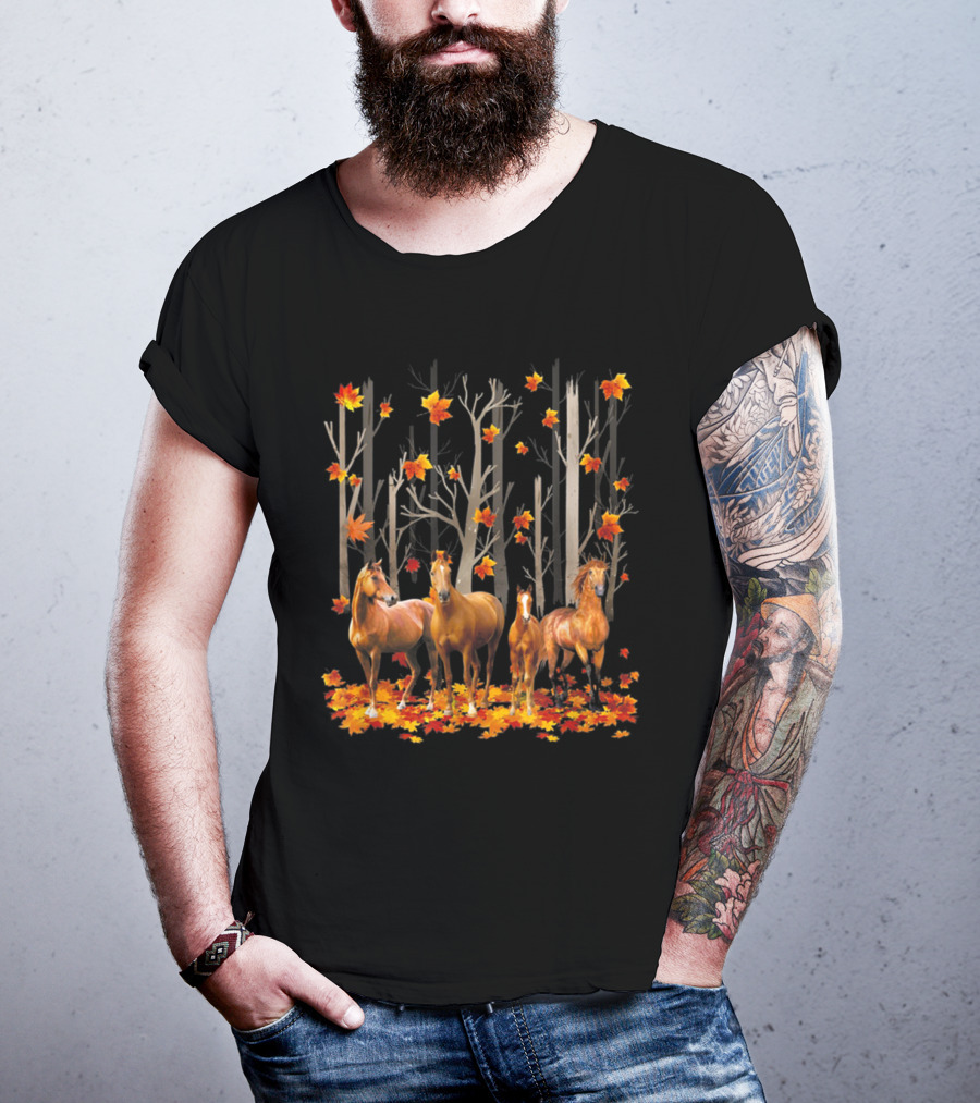 Maple Leaf Fall Hello Autumn Funny Horse Lover T-Shirt