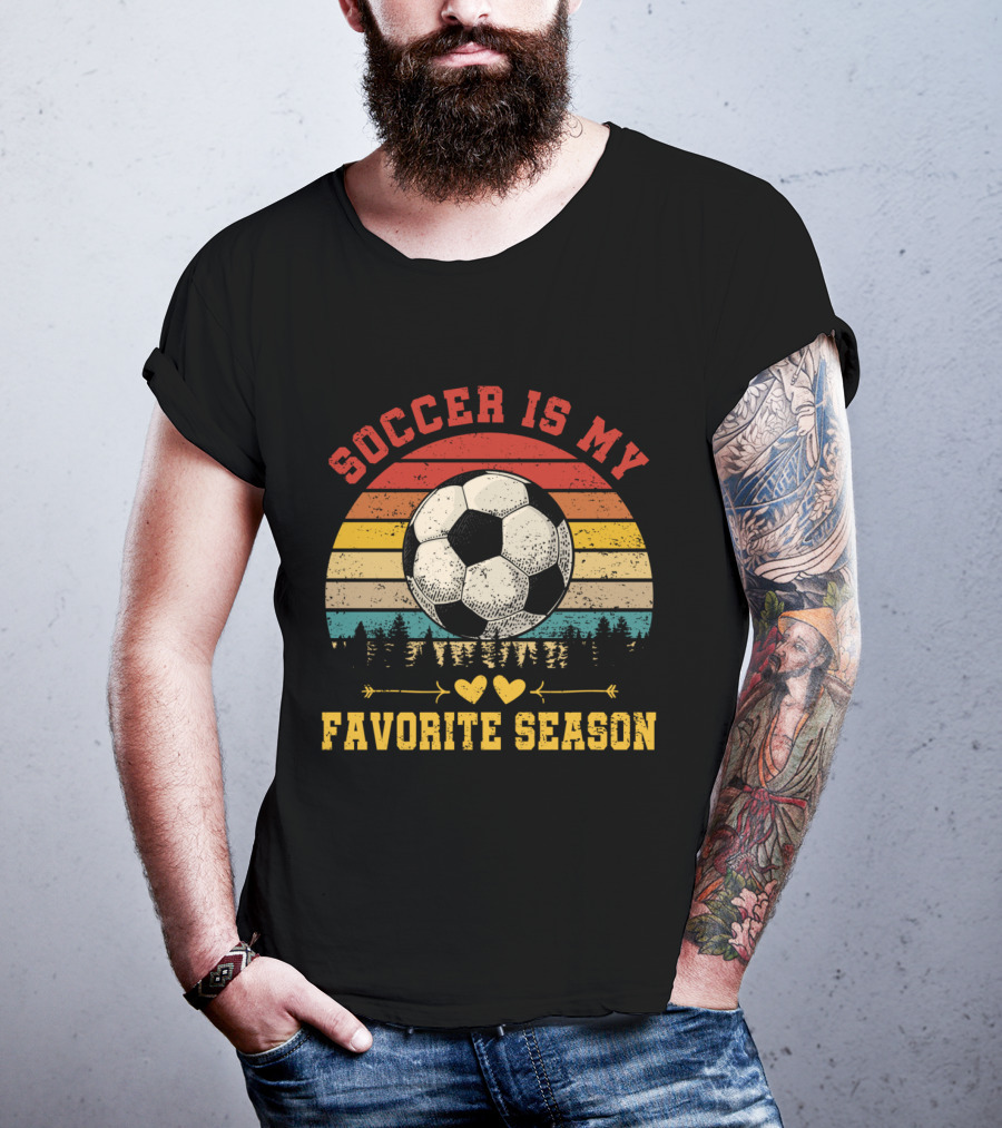 Soccer Is My Favorite Season Vintage Sunset Forest Soccer Ball T-Shirt