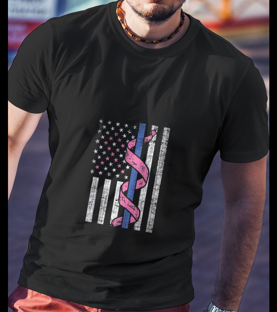 Blue Line American Flag Pink Ribbon Breast Cancer Awareness T-Shirt