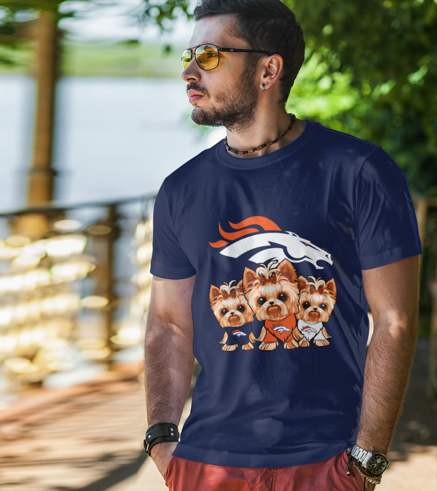 Denver Broncos Yorkies With Team Logo And Three Adorable Dogs In Jerseys T-Shirt