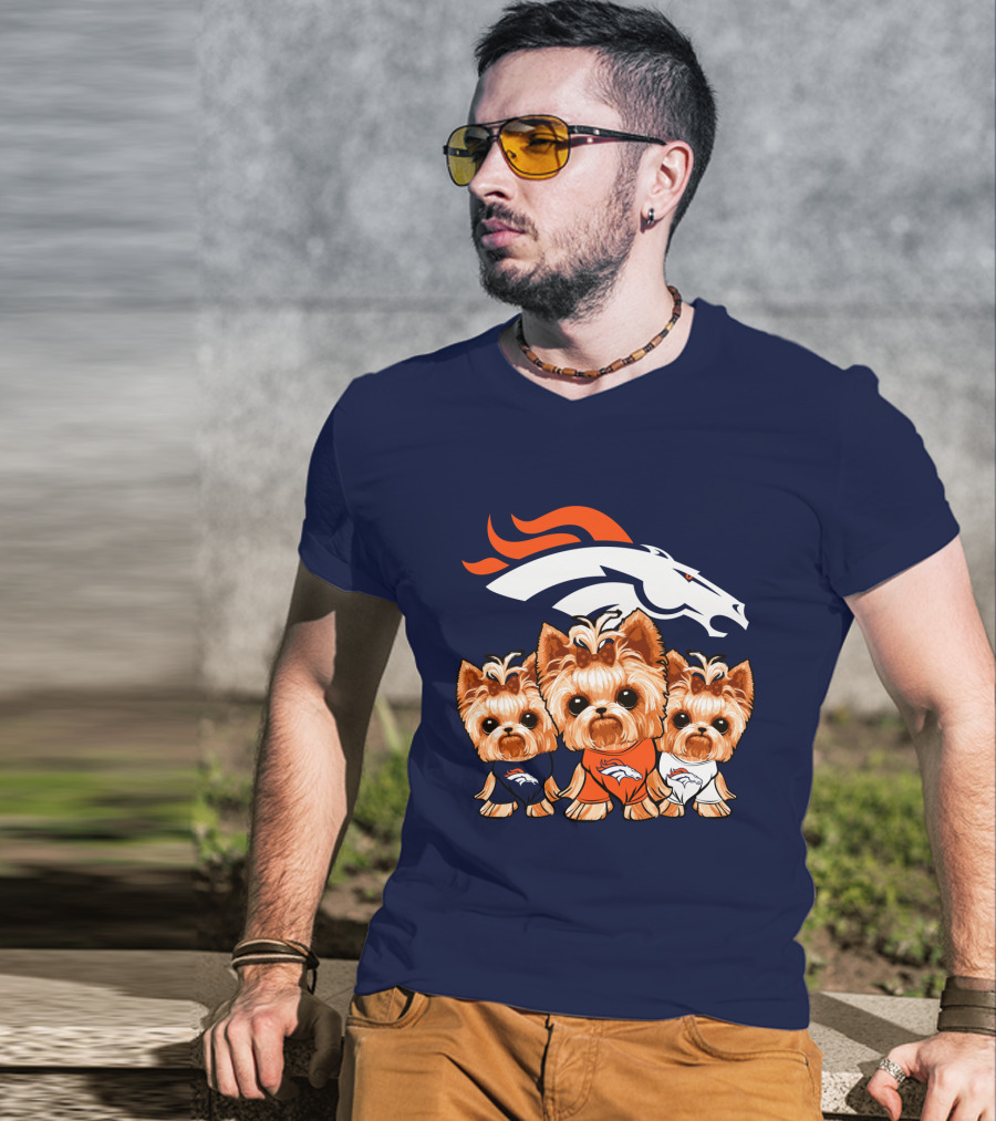 Denver Broncos Yorkies With Team Logo And Three Adorable Dogs In Jerseys T-Shirt