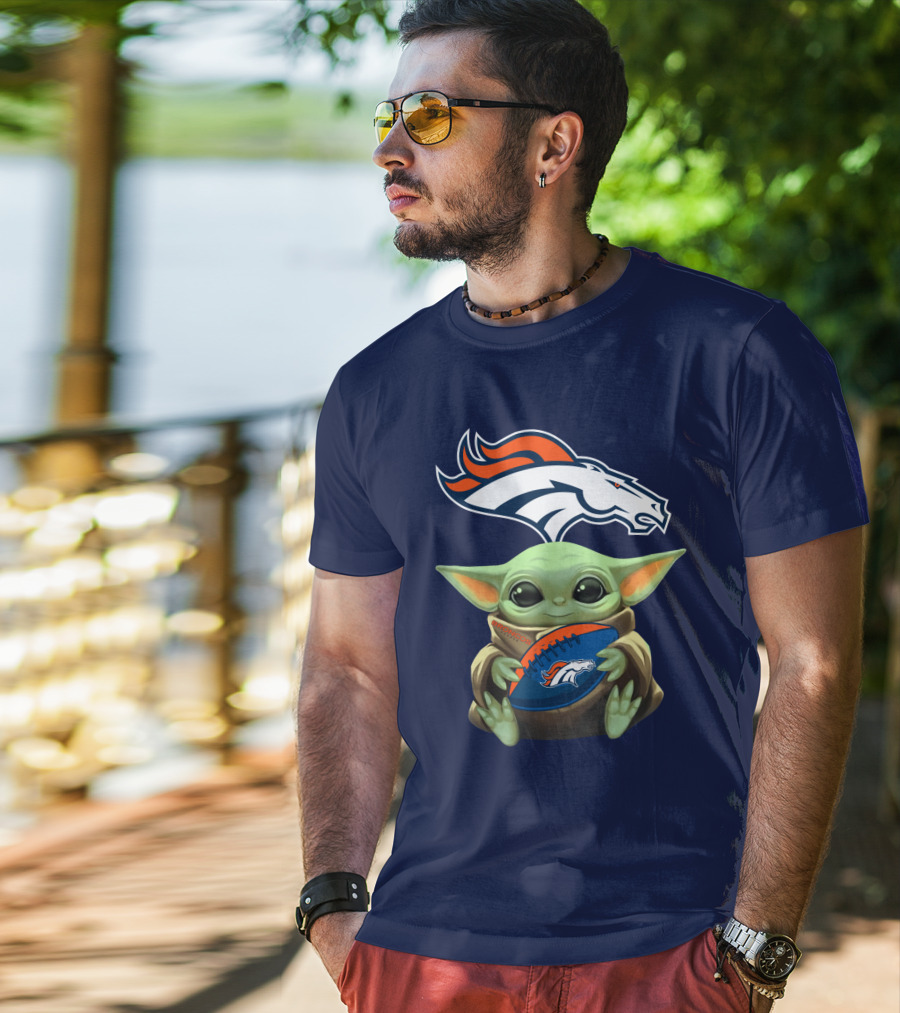 Baby Yoda Holding Broncos Football Denver Broncos T-Shirt