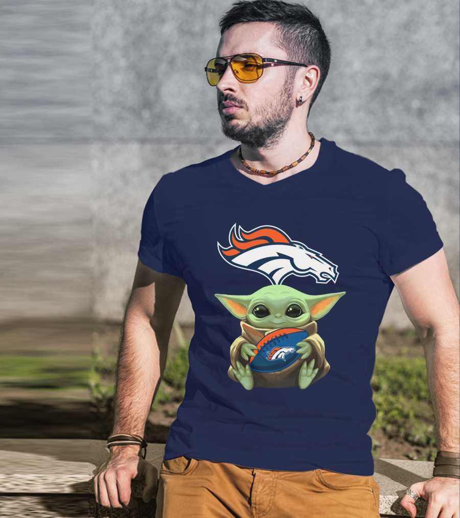 Baby Yoda Holding Broncos Football Denver Broncos T-Shirt