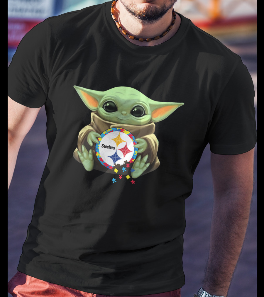 Baby Yoda Holding Steelers Autism Puzzle T-Shirt