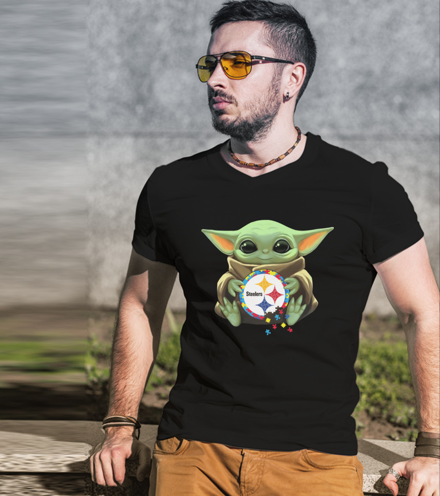 Baby Yoda Holding Steelers Autism Puzzle T-Shirt
