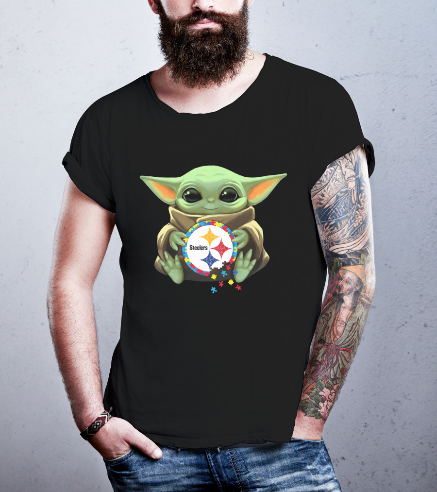 Baby Yoda Holding Steelers Autism Puzzle T-Shirt