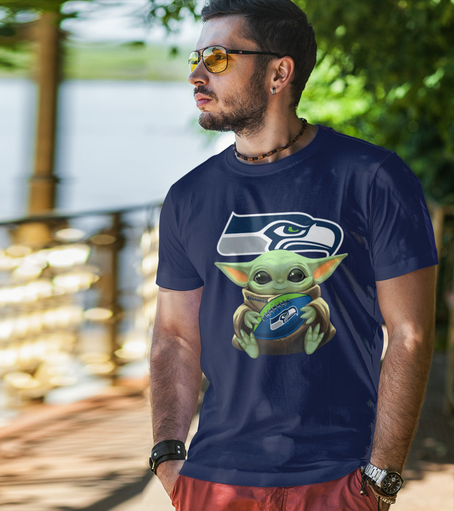 Baby Yoda Holding Seattle Seahawks Football Nfl T-Shirt