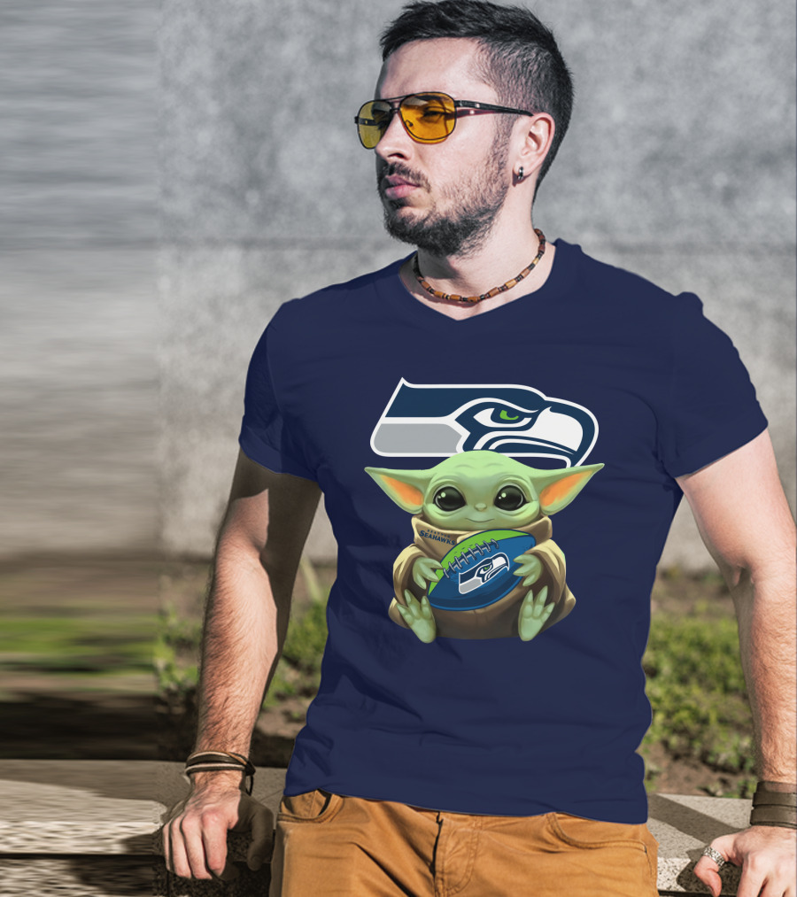 Baby Yoda Holding Seattle Seahawks Football Nfl T-Shirt