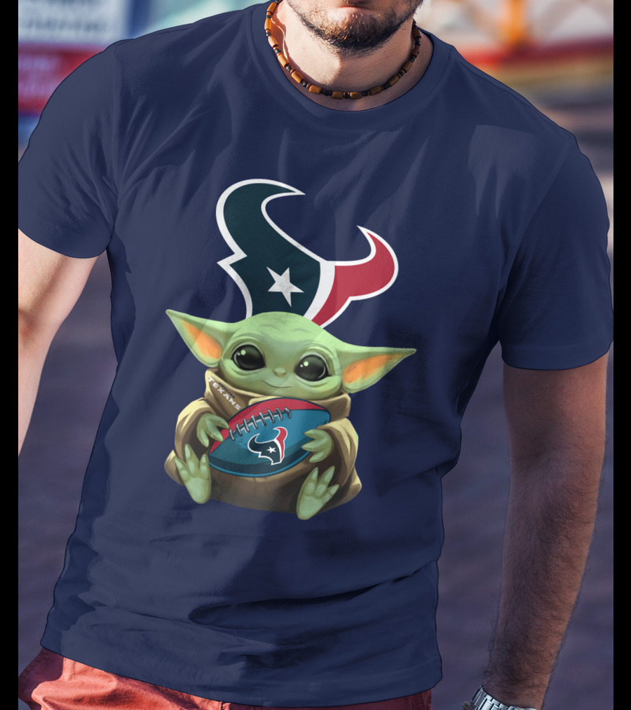 Baby Yoda Holding Houston Texans Football T-Shirt