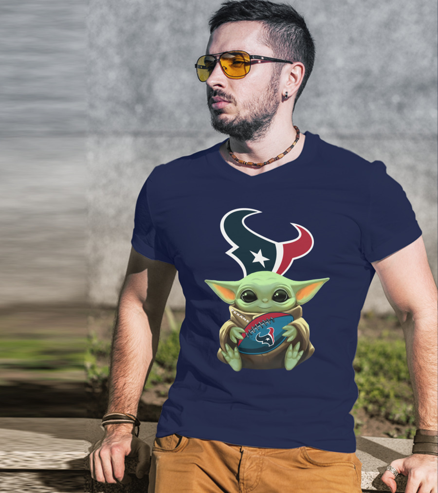 Baby Yoda Holding Houston Texans Football T-Shirt