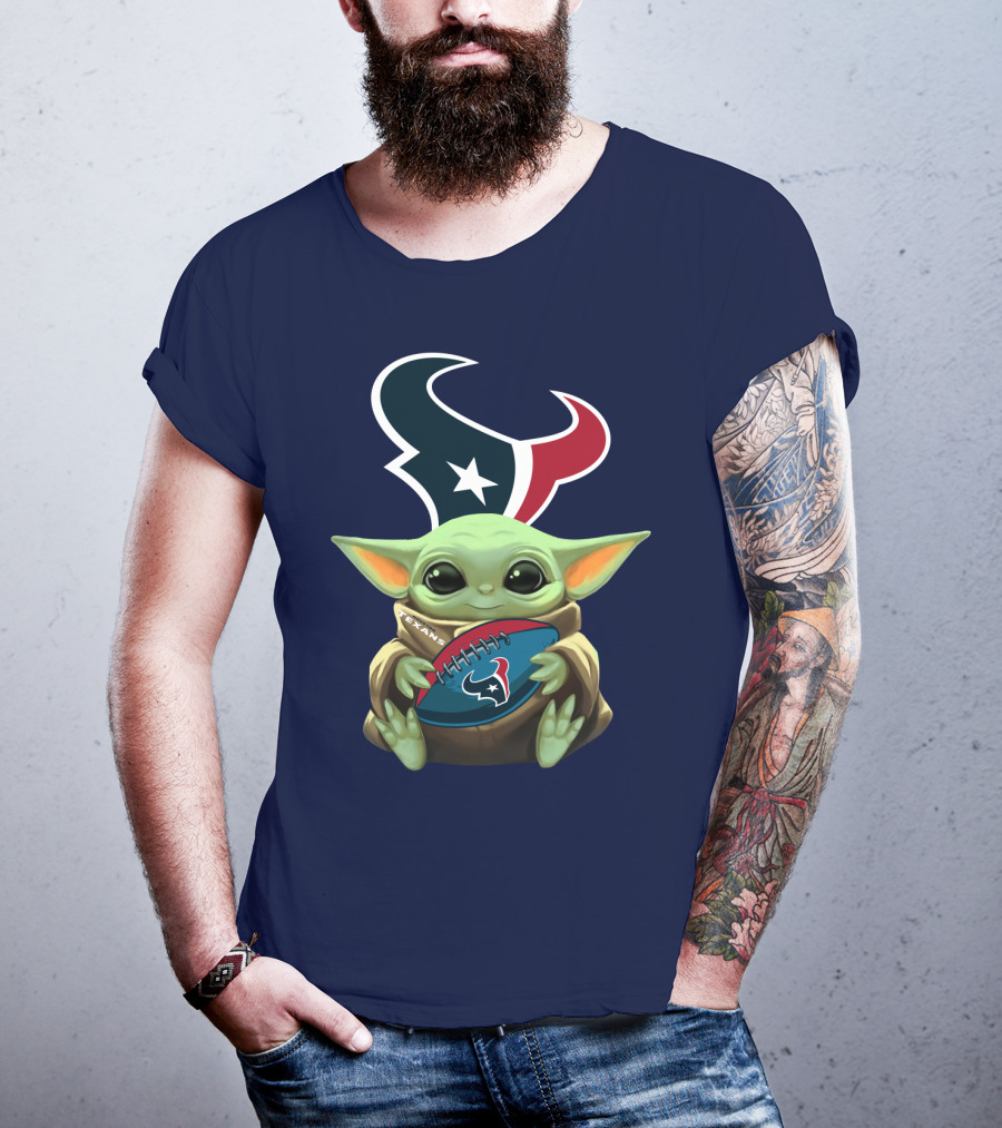Baby Yoda Holding Houston Texans Football T-Shirt