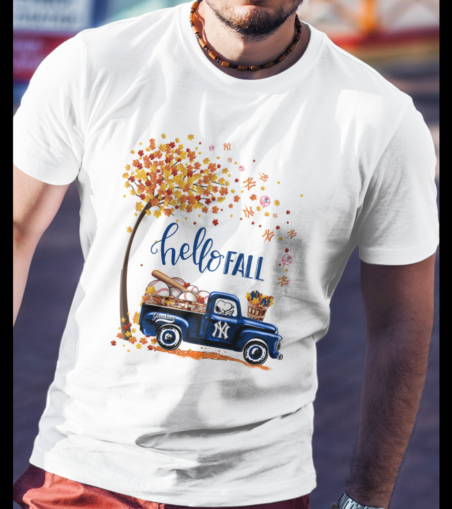 Hello Fall New York Yankees Autumn Truck Baseball Scene T-Shirt