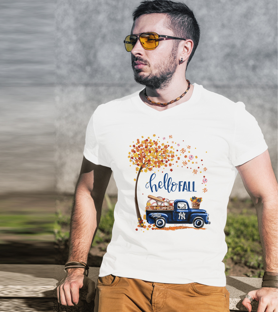 Hello Fall New York Yankees Autumn Truck Baseball Scene T-Shirt