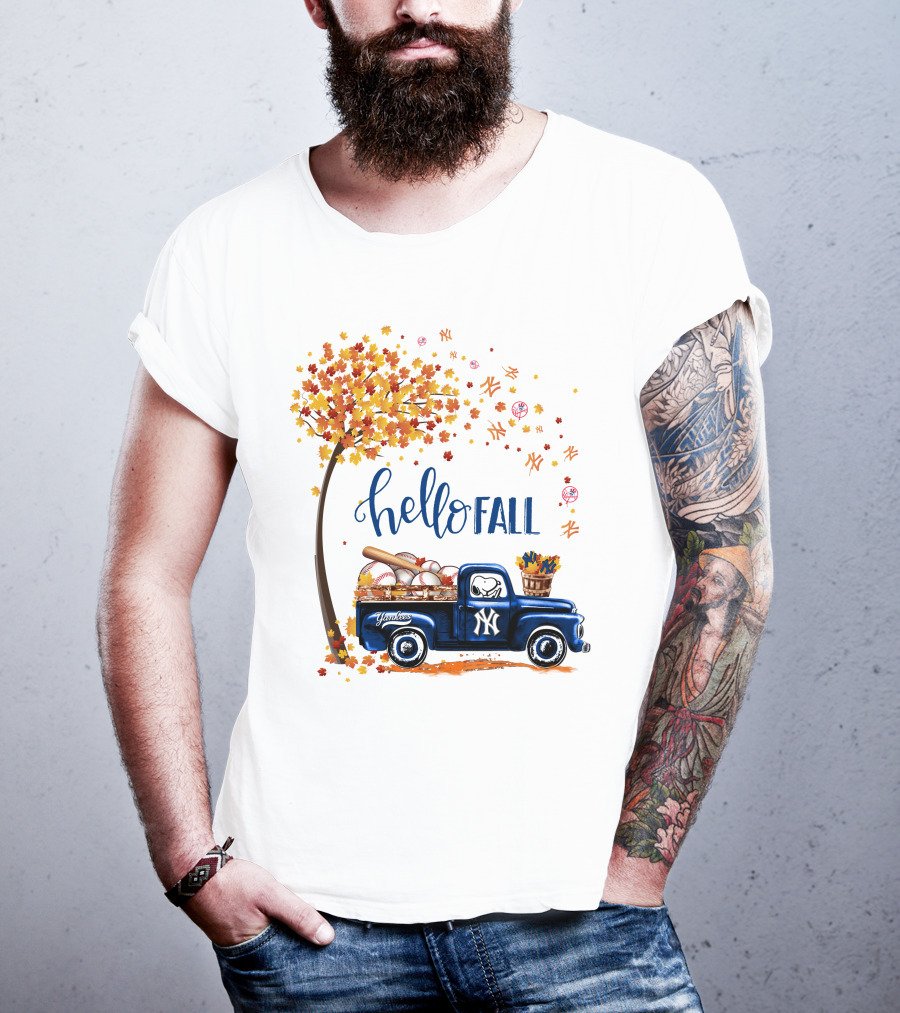 Hello Fall New York Yankees Autumn Truck Baseball Scene T-Shirt