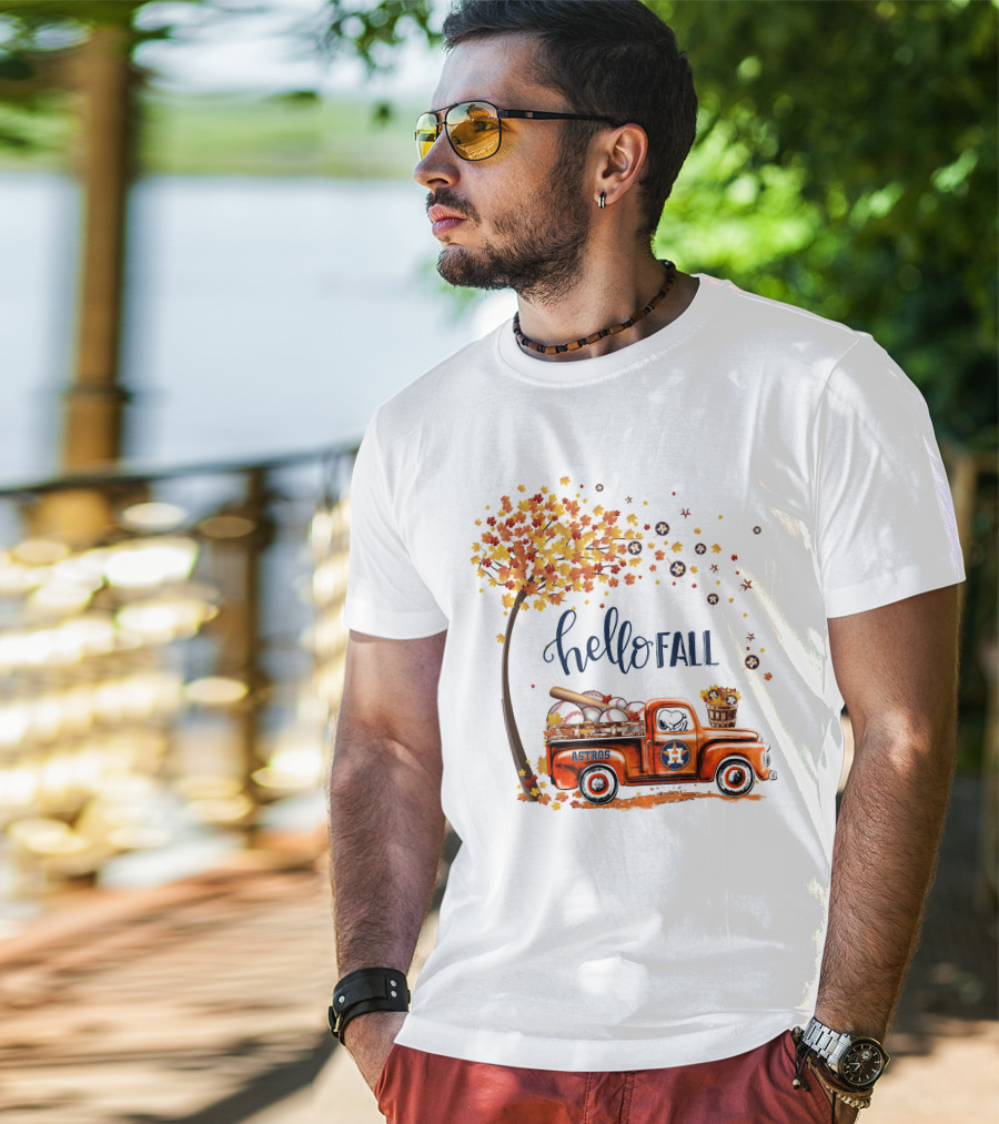 Hello Fall Astros Truck With Baseballs And Autumn Leaves T-Shirt