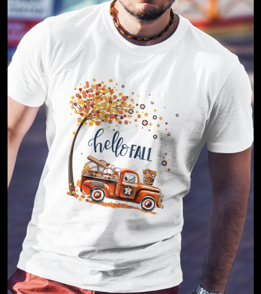 Hello Fall Astros Truck With Baseballs And Autumn Leaves T-Shirt