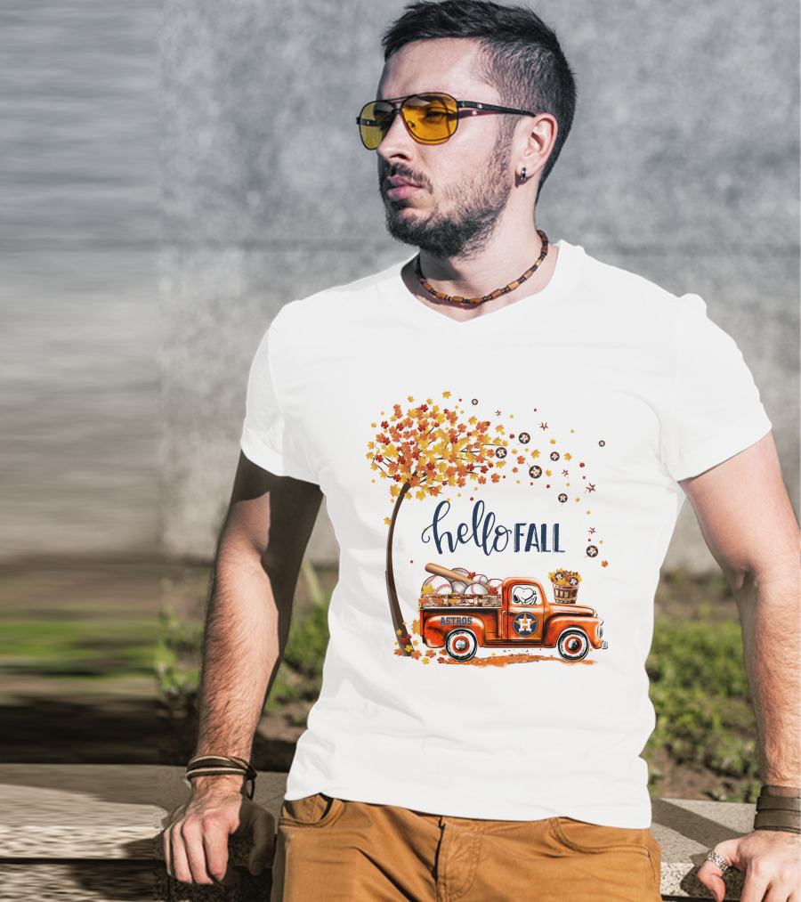 Hello Fall Astros Truck With Baseballs And Autumn Leaves T-Shirt