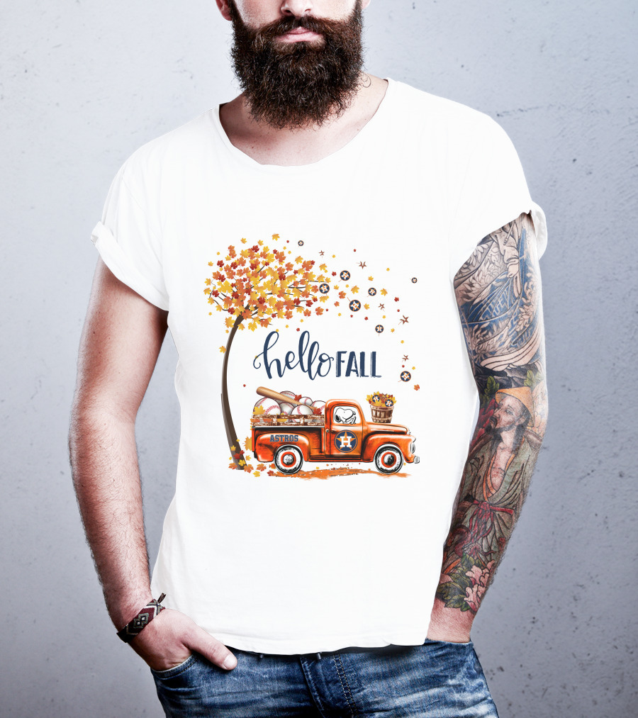 Hello Fall Astros Truck With Baseballs And Autumn Leaves T-Shirt