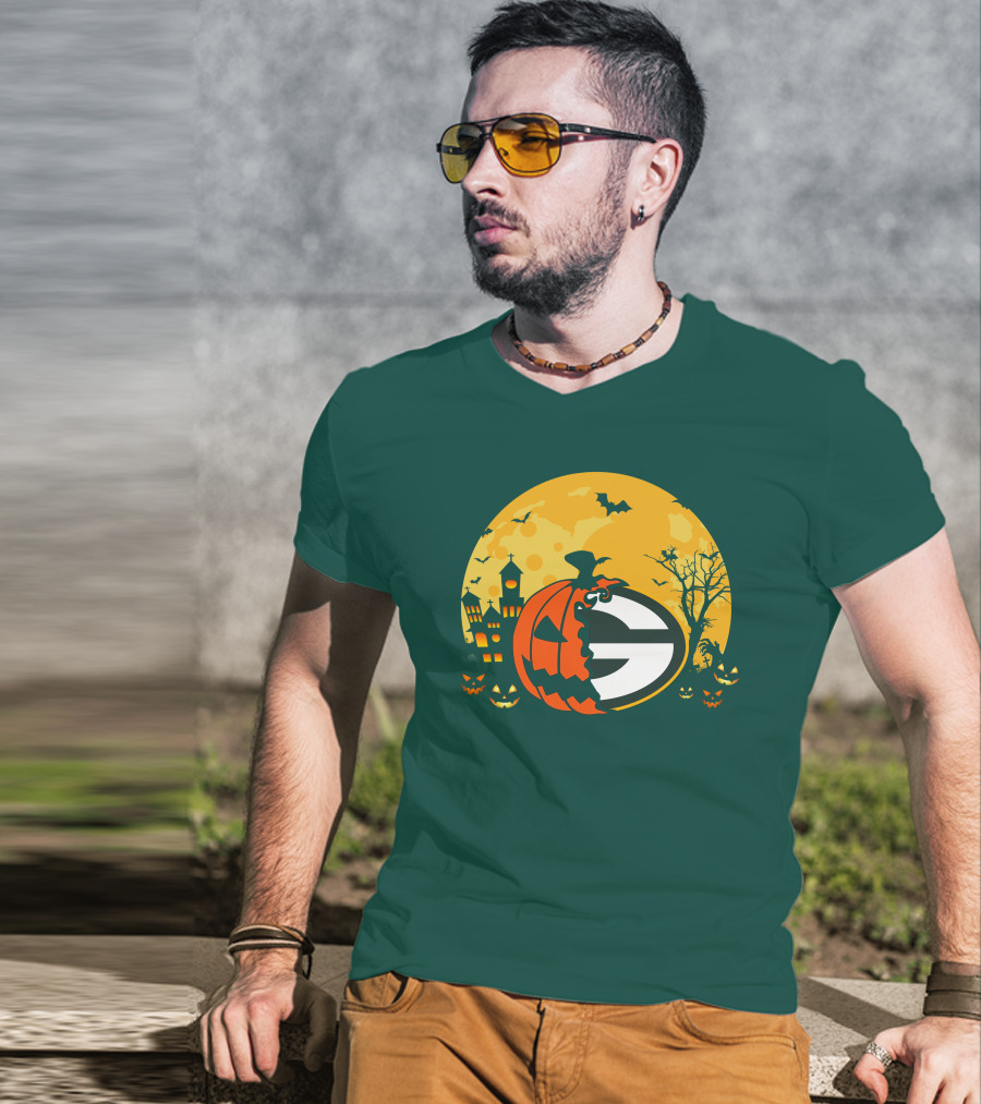Halloween Green Bay Packers Pumpkin Moon Night Scene T-Shirt