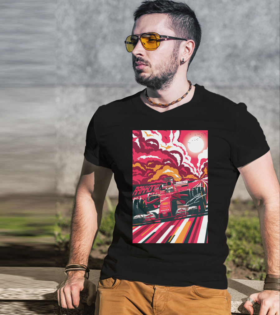 Raikkonen Formula 1 Racing Ferrari F1 Car Sunset Scene T-Shirt