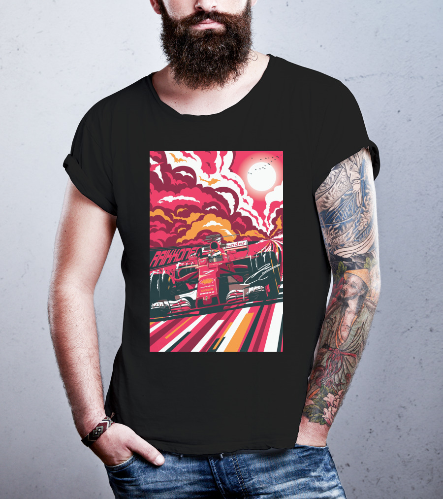 Raikkonen Formula 1 Racing Ferrari F1 Car Sunset Scene T-Shirt