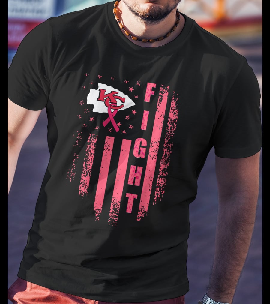 Fight Kc Chiefs Pink Ribbon American Flag T-Shirt
