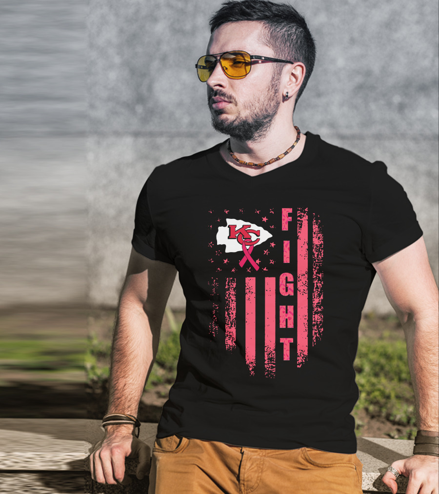 Fight Kc Chiefs Pink Ribbon American Flag T-Shirt