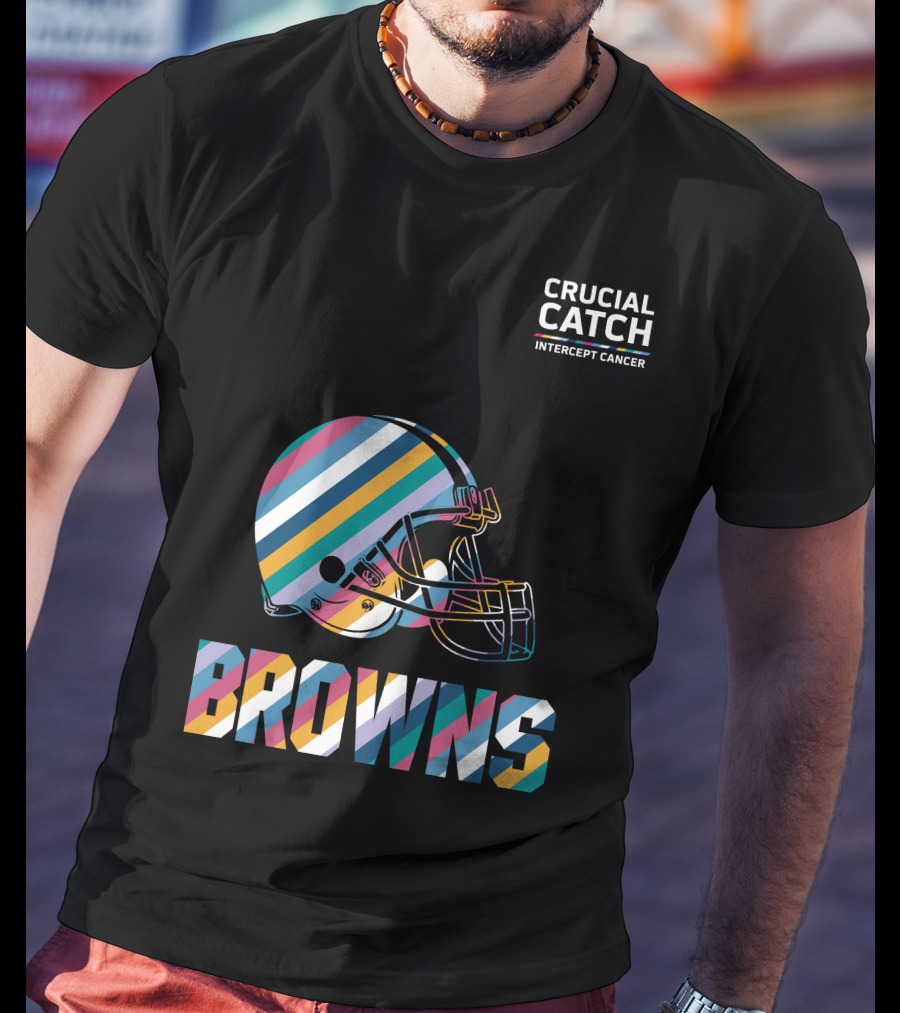 Browns Crucial Catch Intercept Cancer Helmet Stripes T-Shirt