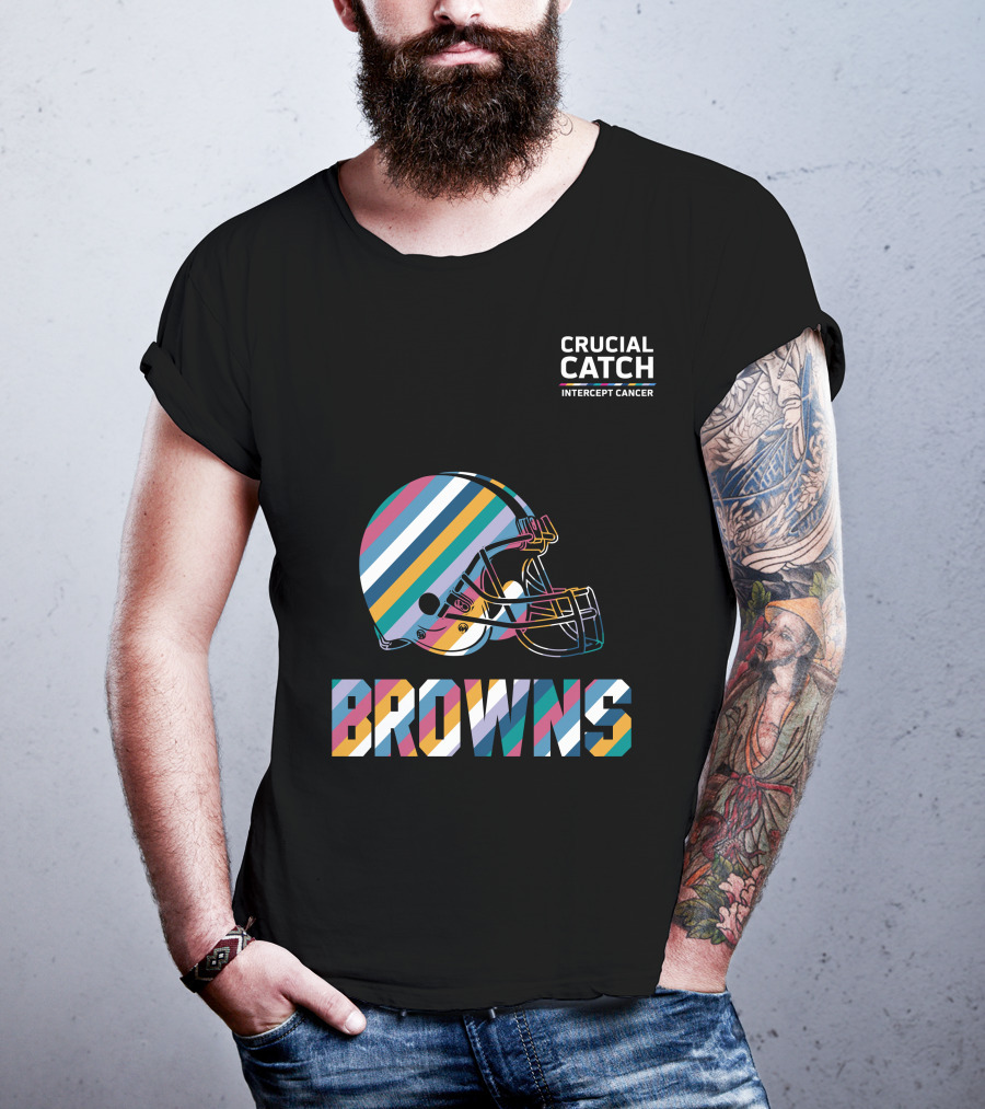 Browns Crucial Catch Intercept Cancer Helmet Stripes T-Shirt