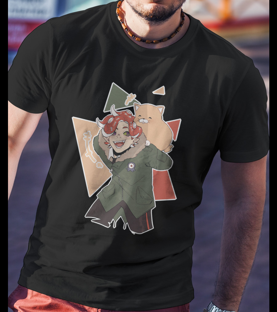 Piggyback Cute Demon With Cat Companion And Colorful Shapes T-Shirt