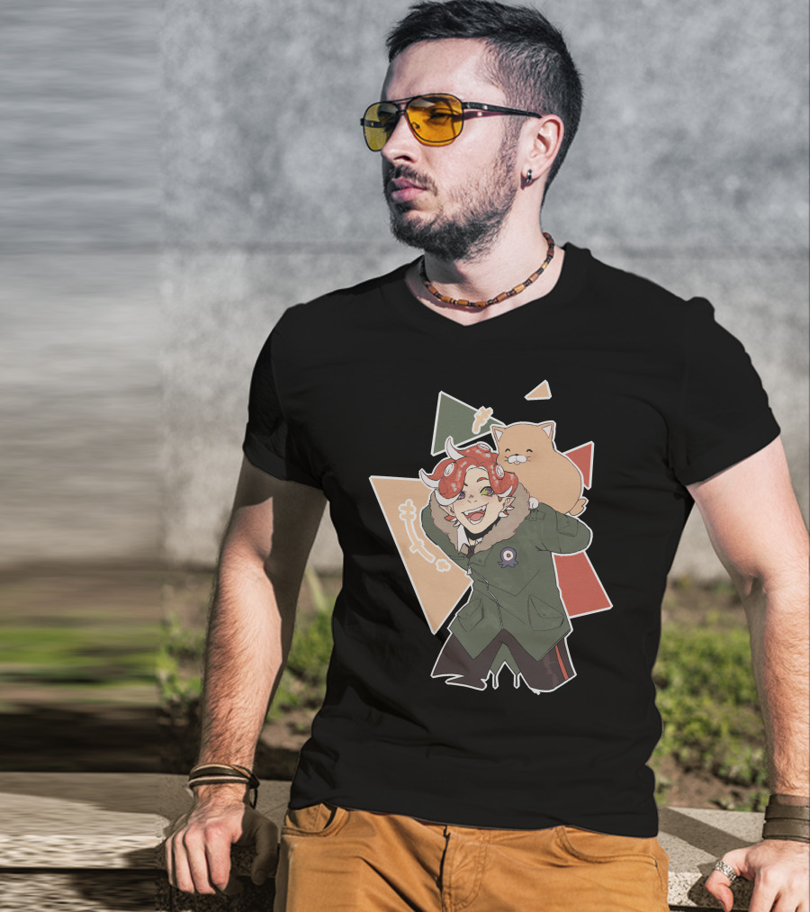 Piggyback Cute Demon With Cat Companion And Colorful Shapes T-Shirt