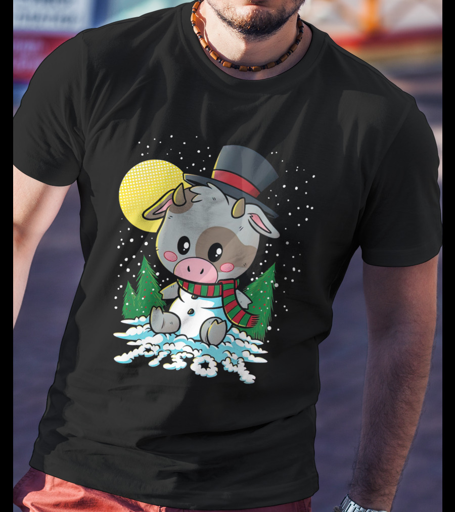 Piso4 Cute Cow In Snow With Top Hat And Scarf Winter Scene T-Shirt