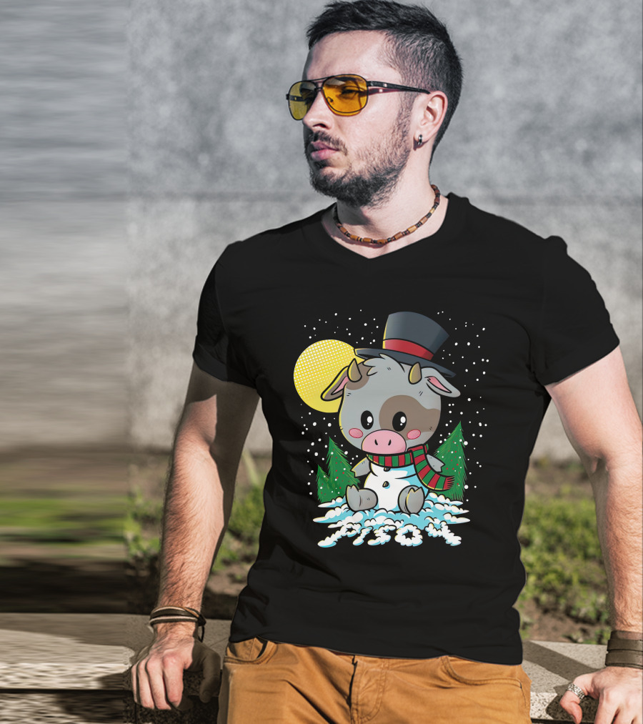 Piso4 Cute Cow In Snow With Top Hat And Scarf Winter Scene T-Shirt