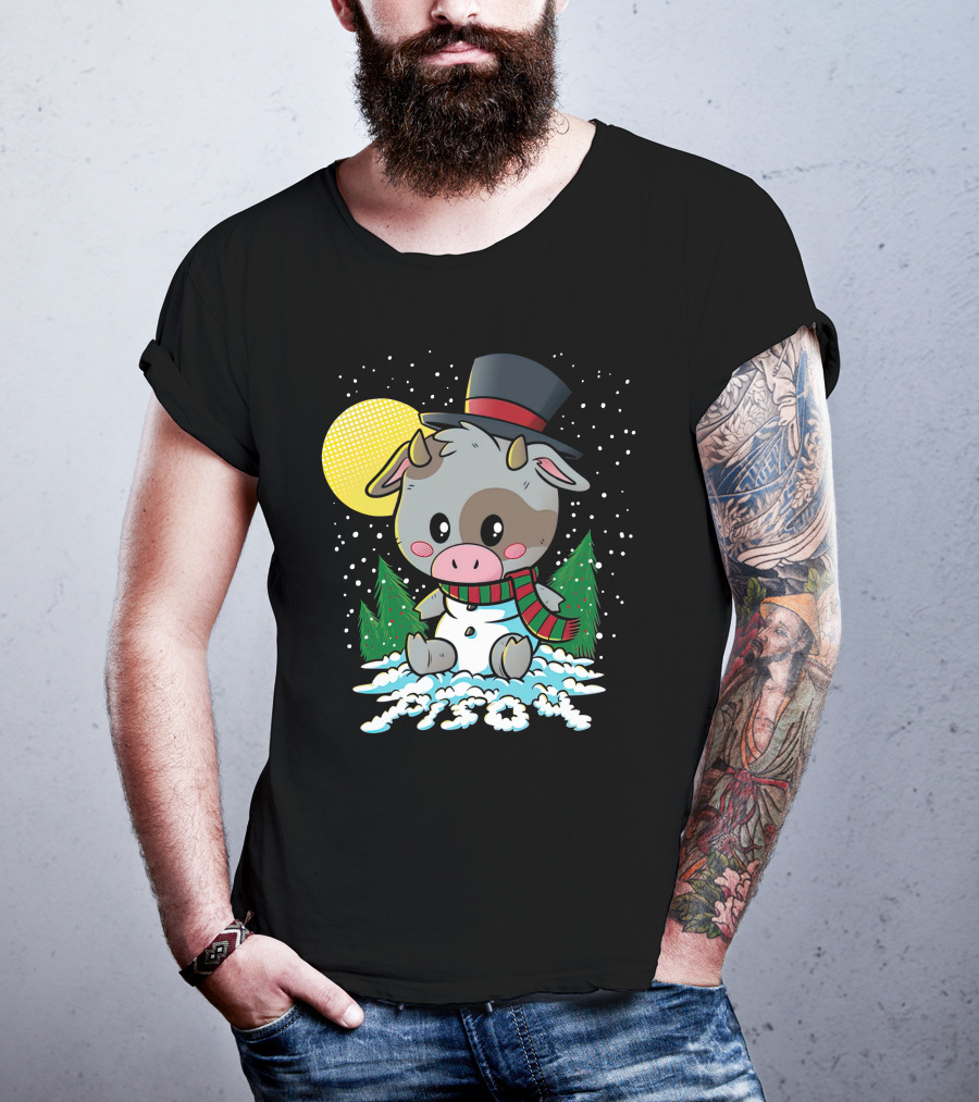 Piso4 Cute Cow In Snow With Top Hat And Scarf Winter Scene T-Shirt